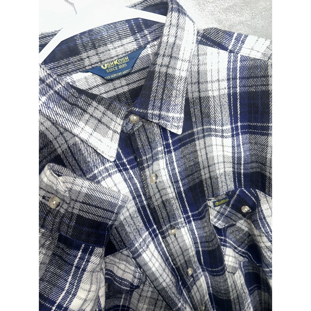 VTG 90s OshKosh B'Gosh Men's L USA Made Heavy Flannel Blue/White Button Shirt